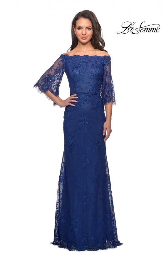 Picture of: Long Lace Gown with Off the Shoulder Flare Sleeves in Marine Blue, Style: 25317, Detail Picture 2