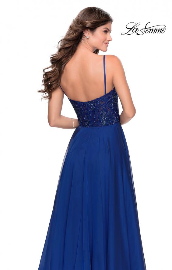 Picture of: Chiffon Prom Dress with Sheer Floral Lace Bodice in Marine Blue, Style: 28664, Back Picture