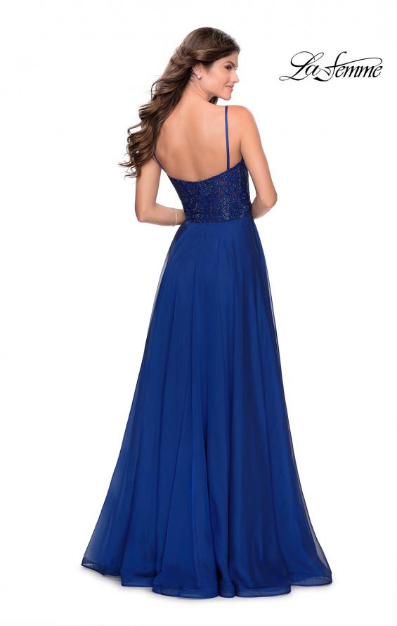Picture of: Chiffon Prom Dress with Sheer Floral Lace Bodice in Marine Blue, Style: 28664, Detail Picture 5