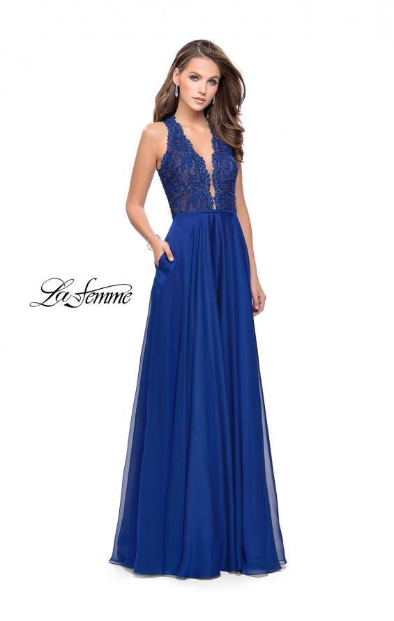Picture of: Long A-line Dress with Chiffon Skirt and Strappy Details in Marine Blue, Style: 25487, Detail Picture 3