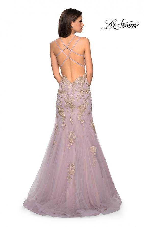 Picture of: Mermaid Tulle Prom Dress with Floral Appliques in Mauve Gold, Style: 27710, Back Picture