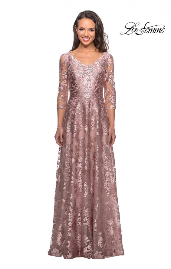 Picture of: Floor Length Lace Gown with Sheer 3/4 Sleeves in Mauve, Style: 27861, Main Picture