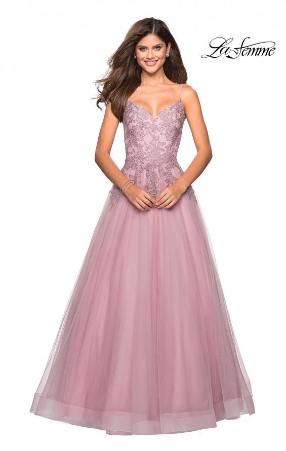 Picture of: Tulle Prom Gown with Floral Lace Embellishments in Mauve, Style: 27569, Main Picture
