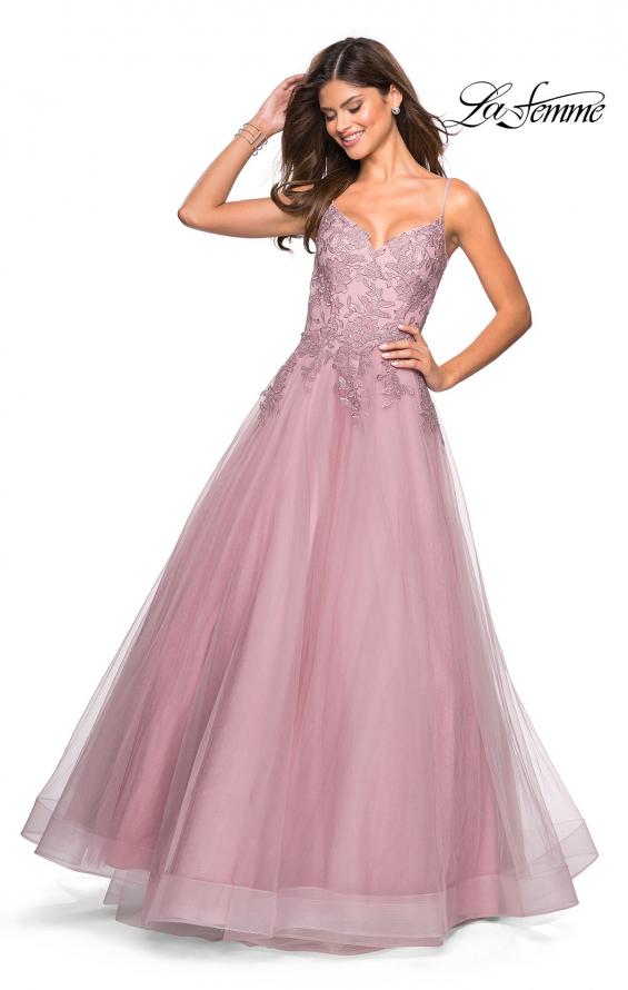Picture of: Tulle Prom Gown with Floral Lace Embellishments in Mauve, Style: 27569, Detail Picture 3