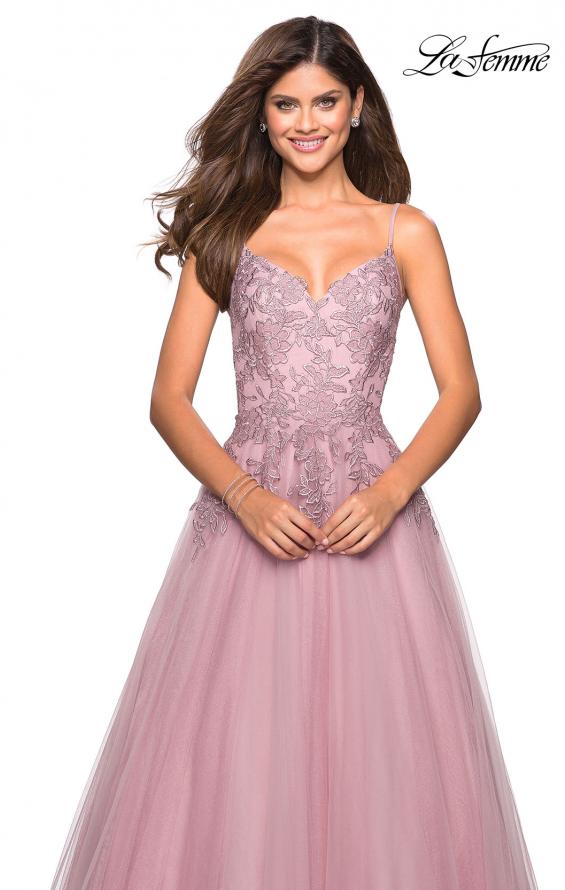 Picture of: Tulle Prom Gown with Floral Lace Embellishments in Mauve, Style: 27569, Detail Picture 4