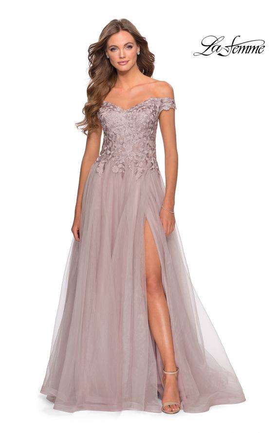 Picture of: Off the Shoulder Tulle Gown with Sheer Floral Bodice in Mauve, Style: 28598, Detail Picture 7