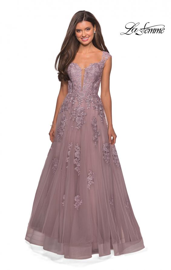 Picture of: Floor Length Cap Sleeve Prom Gown with Lace Detail in Mauve, Style: 27503, Detail Picture 4