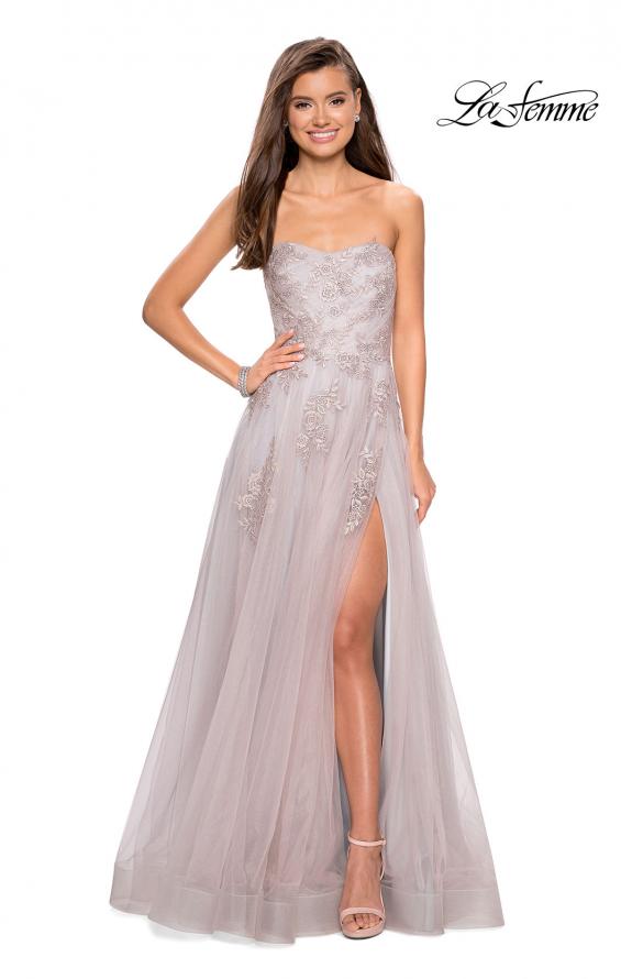 Picture of: Long Strapless Tulle Prom Dress with Floral Appliques in Mauve/Silver, Style: 27803, Main Picture