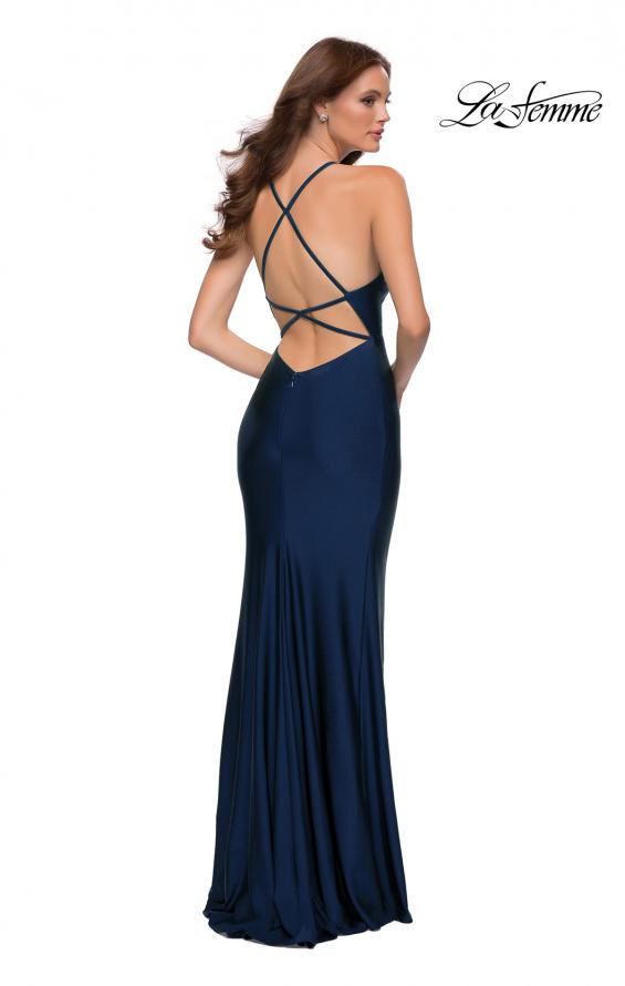 Picture of: Fitted Long Jersey Gown with Criss Cross Bodice in Midnight Blue, Style 29848, Detail Picture 9