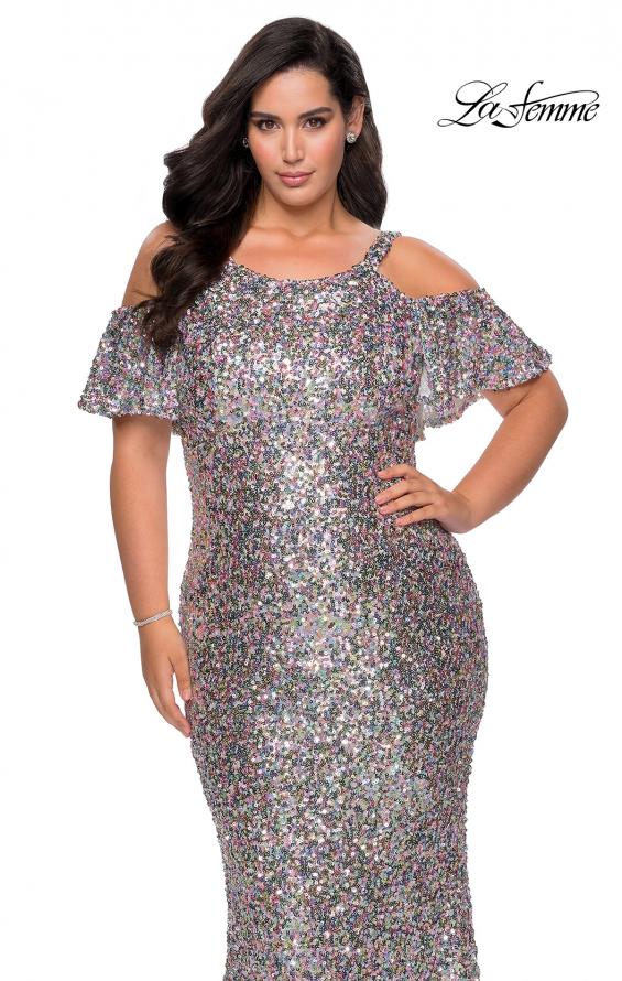 Picture of: Cold Shoulder Sequin Plus Size Dress with Ruffle Sleeves in SIlver, Style: 28947, Detail Picture 1