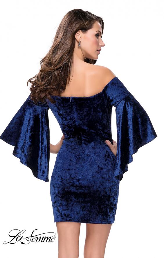 Picture of: Trendy Velvet Dress with Off the Shoulder Bell Sleeves in Navy, Style: 26640, Back Picture