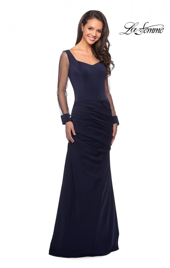 Picture of: Long Jersey Gown with Sheer Long Sleeves and Ruching in Navy, Style: 25064, Detail Picture 1
