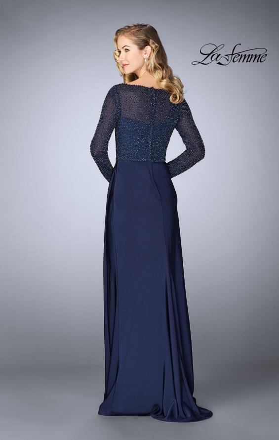 Picture of: Beaded Long Evening Gown with Sheer Sleeves in Navy, Style: 24895, Back Picture