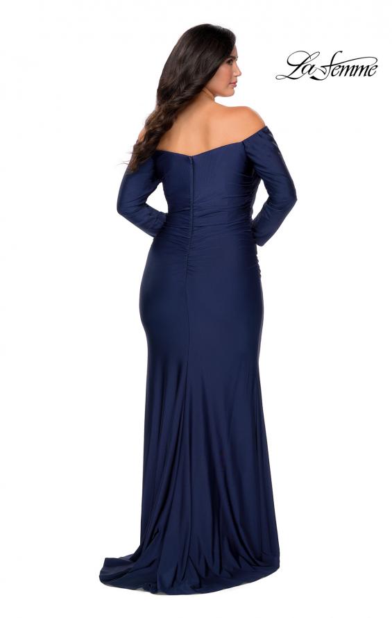 Picture of: Off The Shoulder Jersey Plus Size Long Sleeve Prom Gown in Navy, Style: 28881, Back Picture