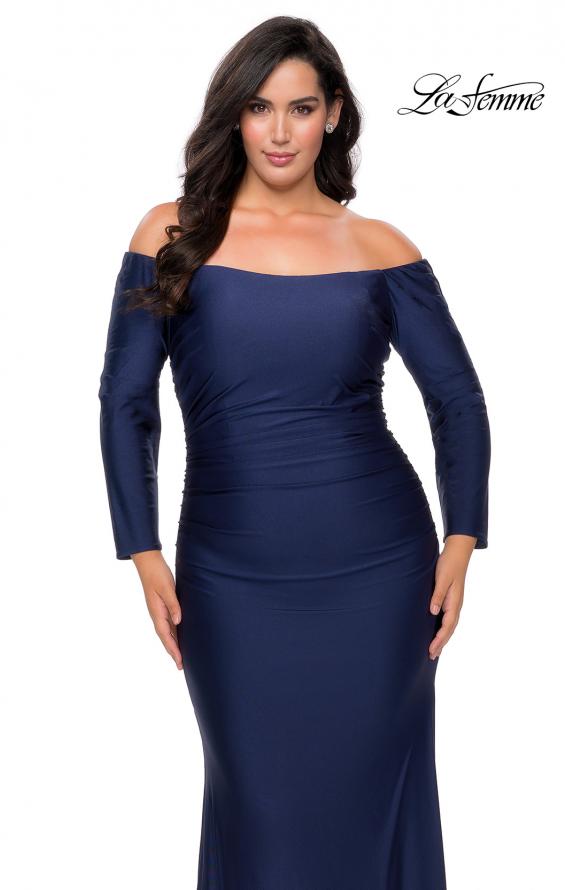 Picture of: Off The Shoulder Jersey Plus Size Long Sleeve Prom Gown in Navy, Style: 28881, Detail Picture 2