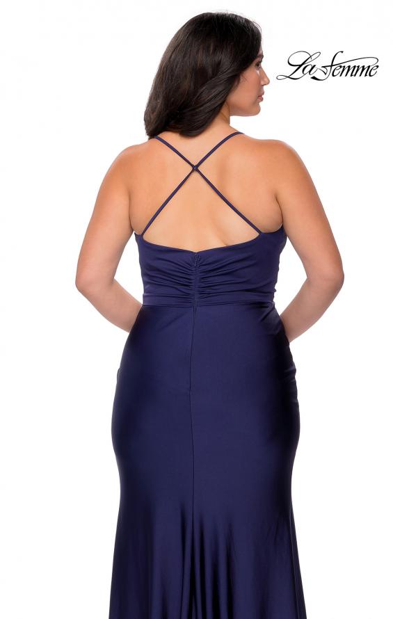 Picture of: Jersey Prom Dress for Curves with Slit and Criss Cross Back in Navy, Style: 29022, Detail Picture 2