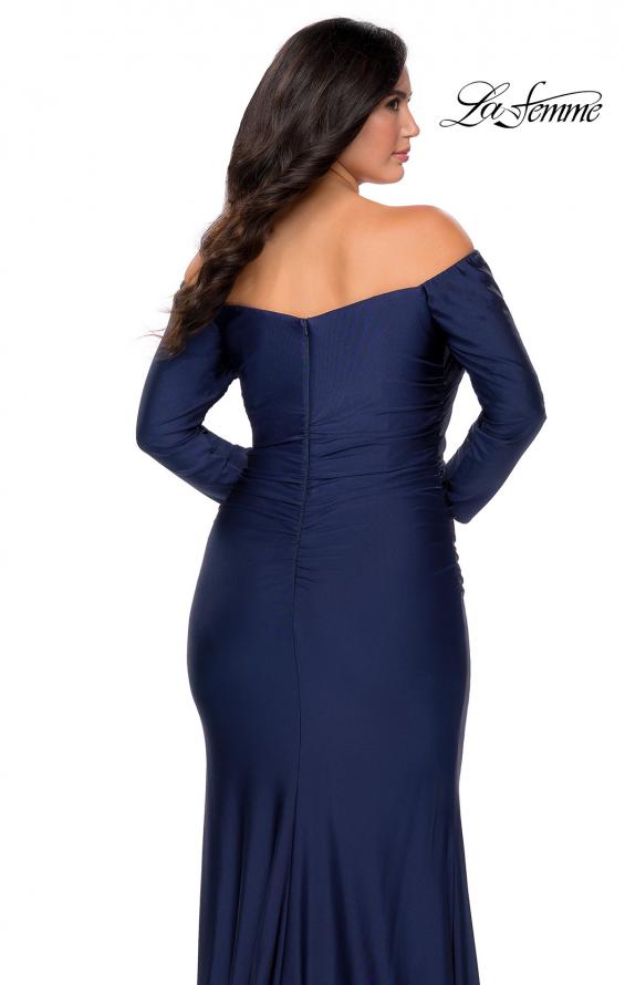 Picture of: Off The Shoulder Jersey Plus Size Long Sleeve Prom Gown in Navy, Style: 28881, Detail Picture 3