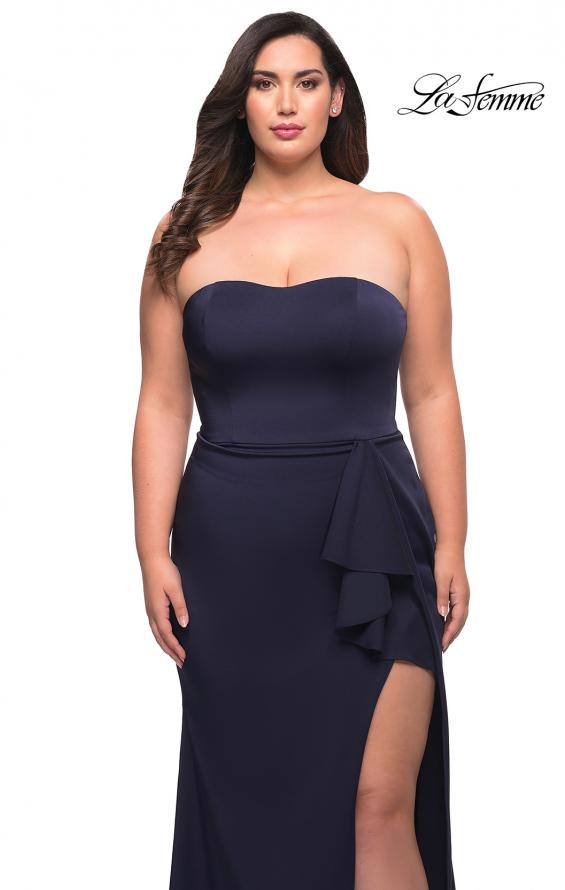 Picture of: Strapless Plus Size Dress with Ruffle Slit Detail in Navy, Style: 29664, Detail Picture 7