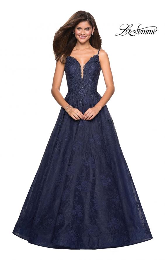 Picture of: Lace Detail Long A Line Prom Dress with Open Back in Navy, Style: 27030, Main Picture