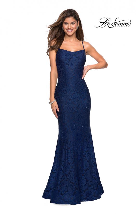 Picture of: Stretch Lace Gown with Square Neckline and Open Back in Navy, Style: 27565, Main Picture