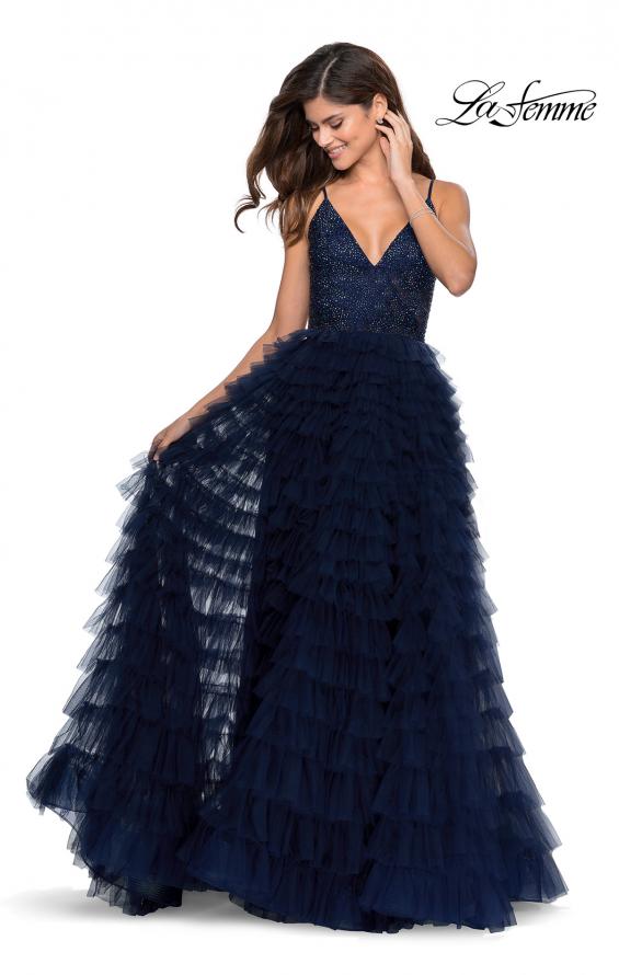 Picture of: Layered Tulle Prom Dress with Sheer Rhinestone Top in Navy, Style: 28788, Main Picture