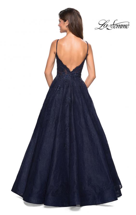 Picture of: Lace Detail Long A Line Prom Dress with Open Back in Navy, Style: 27030, Back Picture