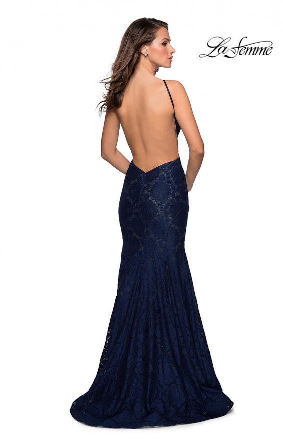 Picture of: Long Lace Prom Dress with High Neckline in Navy, Style: 27289, Back Picture