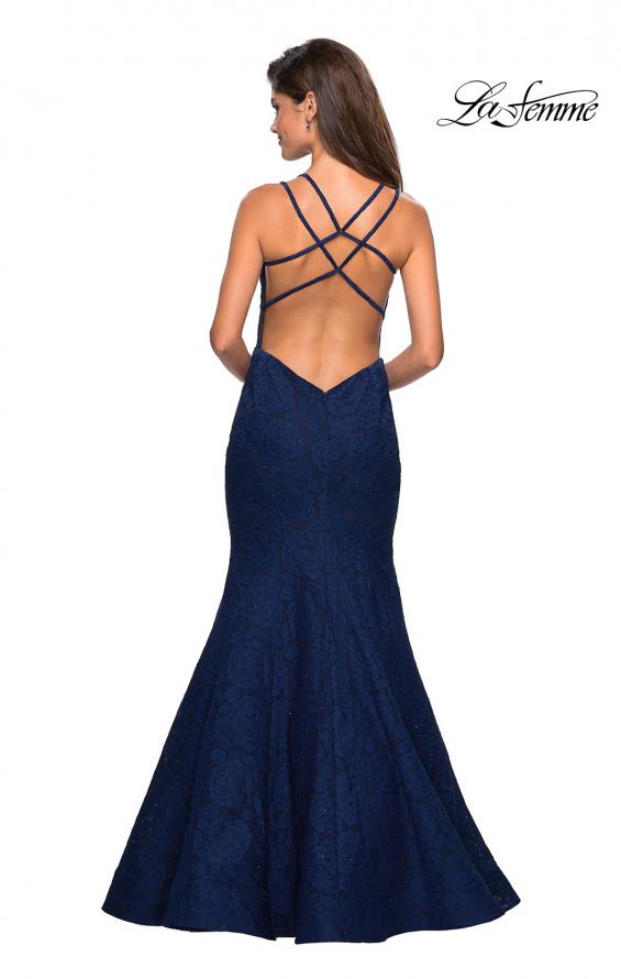 Picture of: Mermaid Style Lace Dress with Strappy Open Back in Navy, Style: 27560, Back Picture