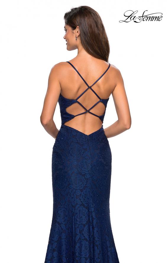 Picture of: Stretch Lace Gown with Square Neckline and Open Back in Navy, Style: 27565, Back Picture