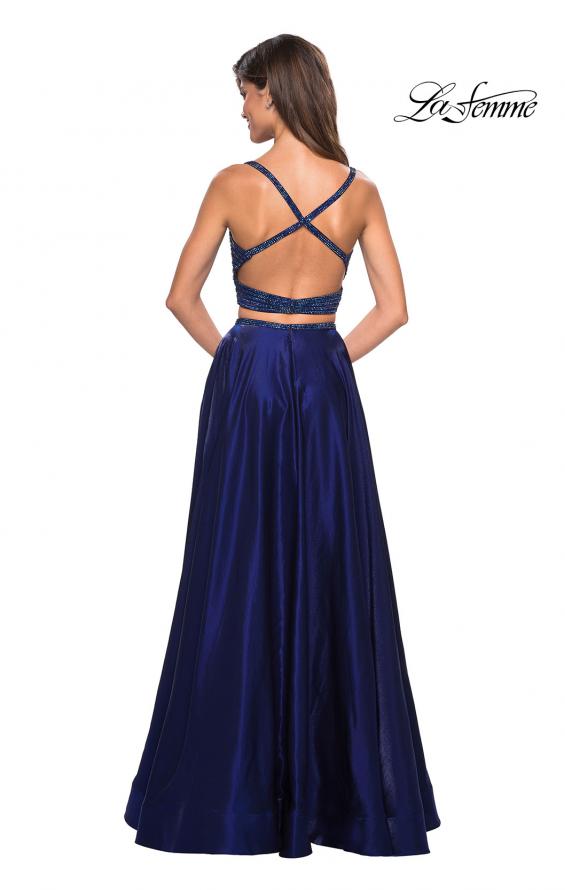Picture of: Two PIece Satin Prom Dress with Rhinestone Top in Navy, Style: 27607, Back Picture