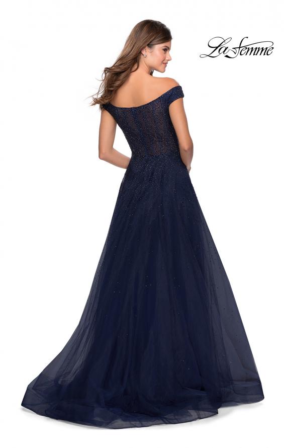 Picture of: Off The Shoulder Beaded Tulle Prom Dress in Navy, Style: 28774, Back Picture