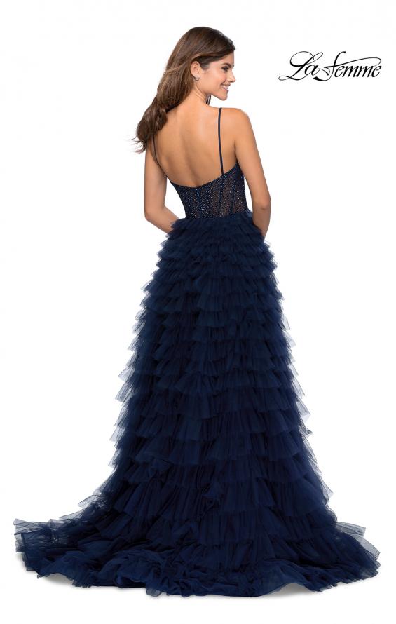 Picture of: Layered Tulle Prom Dress with Sheer Rhinestone Top in Navy, Style: 28788, Back Picture
