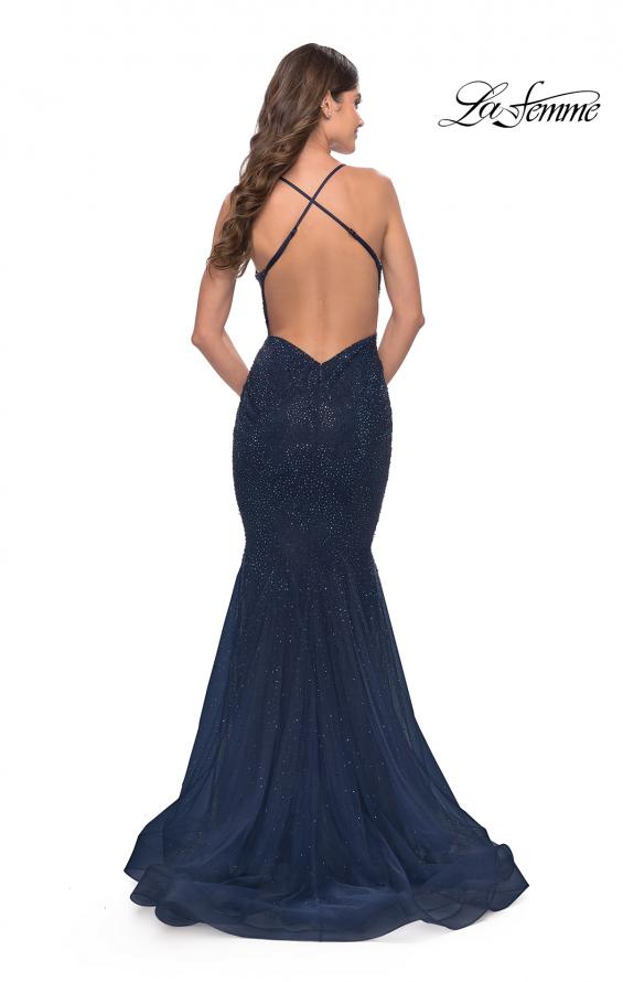Picture of: Mermaid Rhinestone Tulle Gown with Open Back in Navy, Style: 31119, Back Picture
