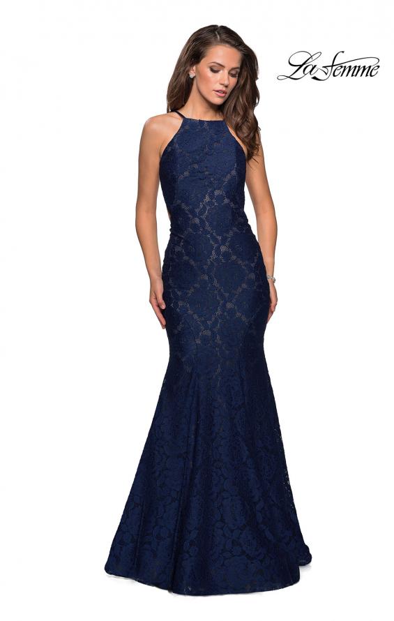 Picture of: Long Lace Prom Dress with High Neckline in Navy, Style: 27289, Detail Picture 1