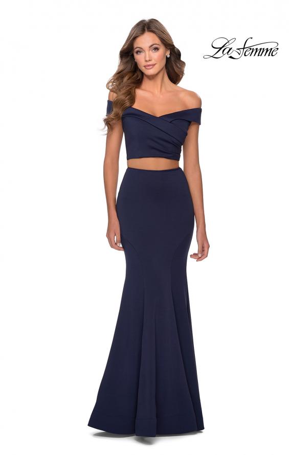 Picture of: Two Piece Off The Shoulder Dress with Pleated Top in Navy, Style: 28521, Detail Picture 1