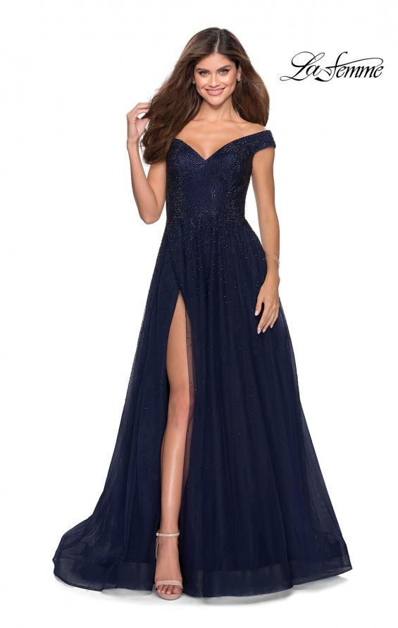 Picture of: Off The Shoulder Beaded Tulle Prom Dress in Navy, Style: 28774, Detail Picture 1