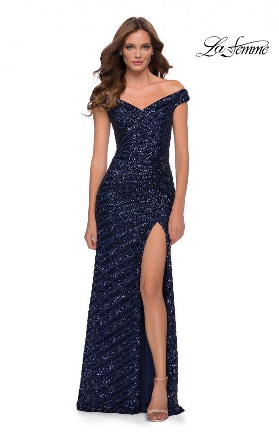 Picture of: Off the Shoulder Sequin Long Dress with Skirt Slit in Navy, Style 29653, Detail Picture 1