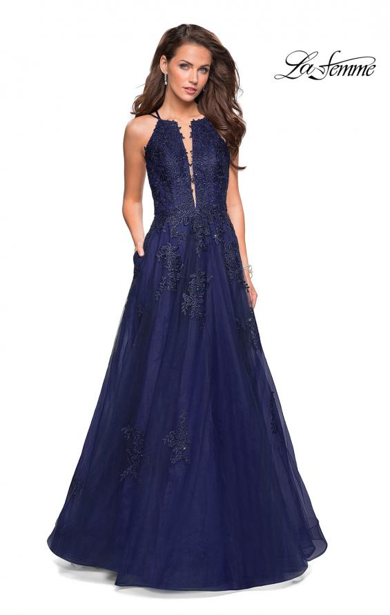 Picture of: Tulle Prom Dress with Lace Bodice and Strappy Back in Navy, Style: 27143, Detail Picture 2