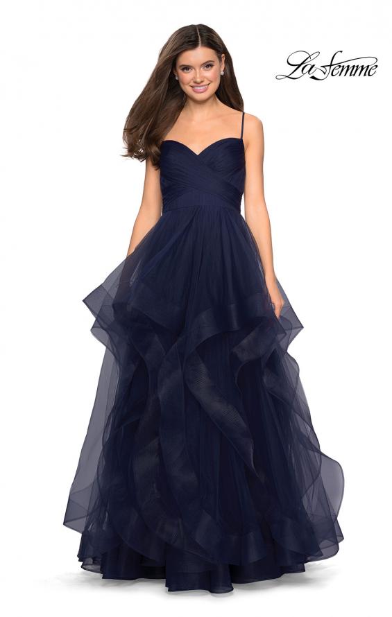 Picture of: Cascading Tulle Formal Gown with Sweetheart Neckline in Navy, Style: 27223, Detail Picture 2