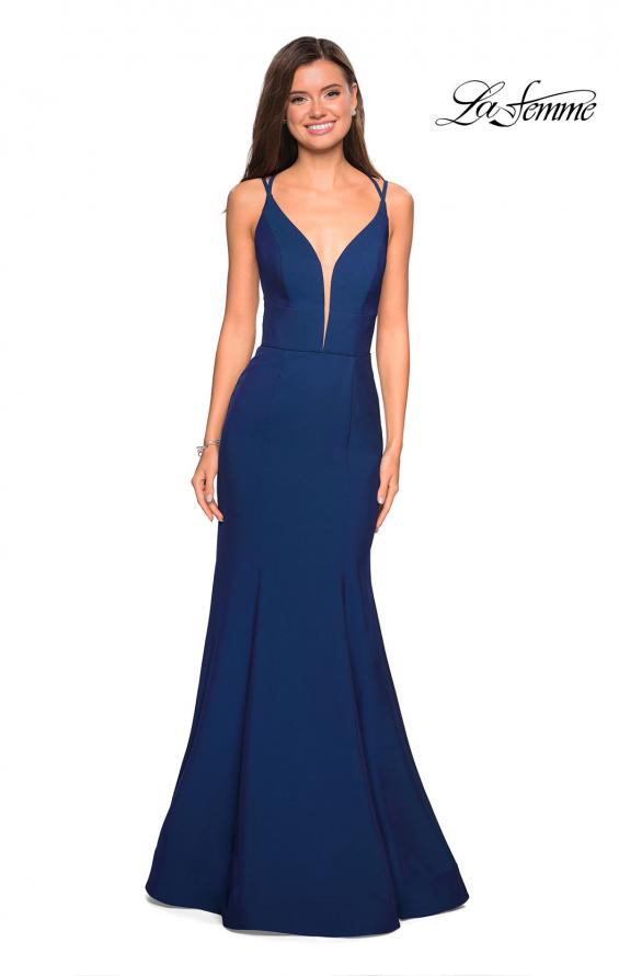 Picture of: Long Jersey Prom Gown with Open Strappy Back in Navy, Style: 27446, Detail Picture 2