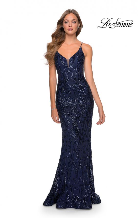 Picture of: Long Prom Dress with Intricate Sequin Lace Design in Navy, Style: 28828, Detail Picture 2
