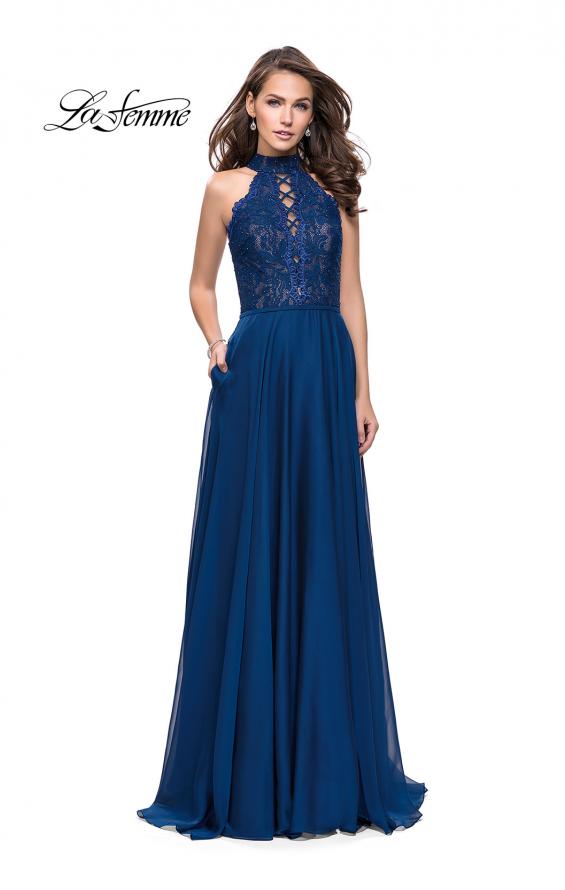 Picture of: Long A Line Chiffon Dress with Lace Up Neckline in Navy, Style: 25347, Detail Picture 3