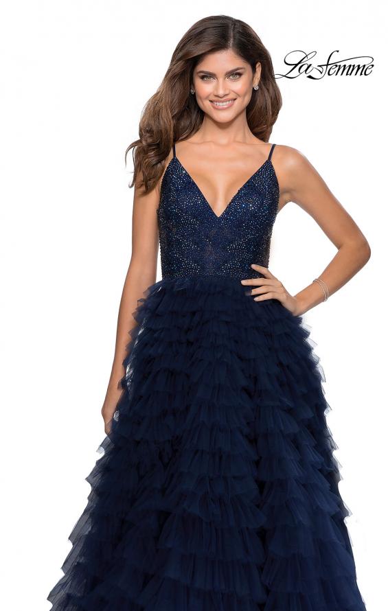 Picture of: Layered Tulle Prom Dress with Sheer Rhinestone Top in Navy, Style: 28788, Detail Picture 3