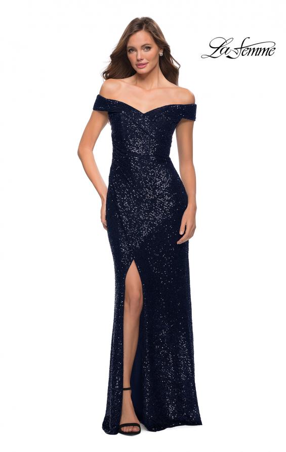 Picture of: Off the Shoulder Ruched Sequin Dress with Slit in Navy, Style 29831, Detail Picture 3