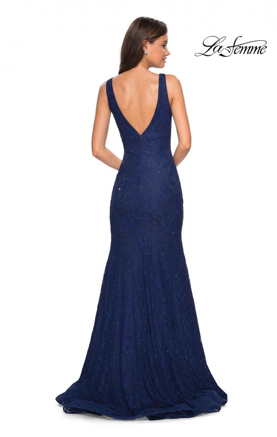 Picture of: Stretch Lace Prom Dress with Plunging Neckline in Navy, Style: 27464, Detail Picture 4