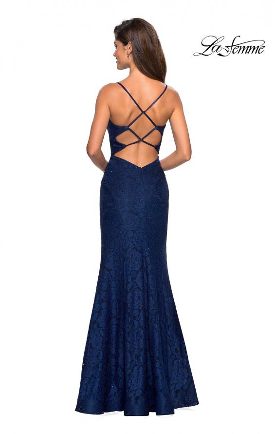 Picture of: Stretch Lace Gown with Square Neckline and Open Back in Navy, Style: 27565, Detail Picture 5
