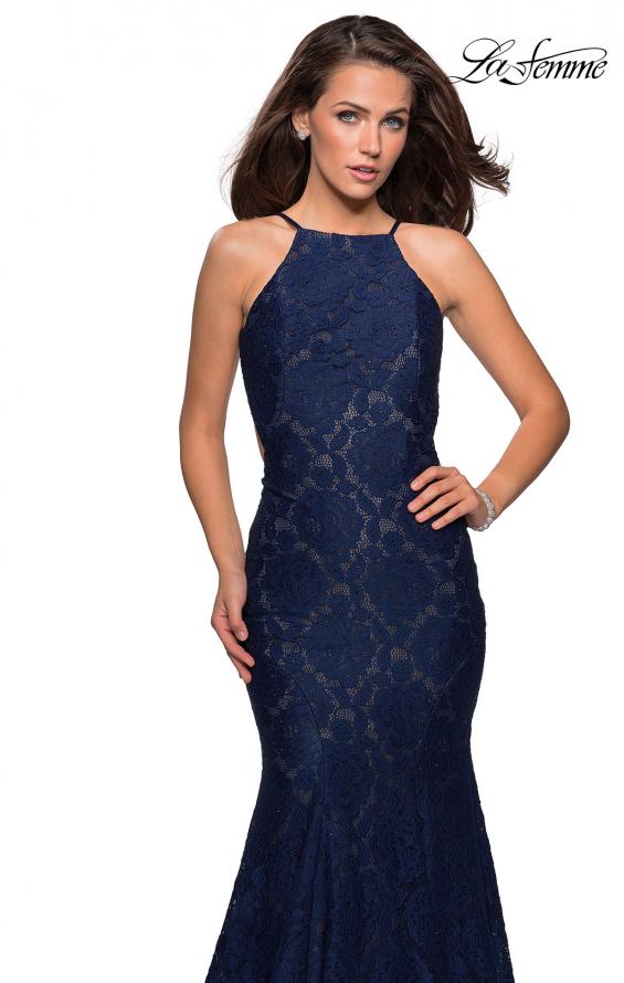 Picture of: Long Lace Prom Dress with High Neckline in Navy, Style: 27289, Detail Picture 6