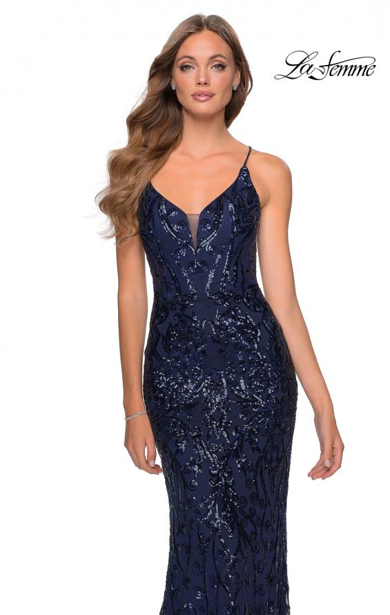 Picture of: Long Prom Dress with Intricate Sequin Lace Design in Navy, Style: 28828, Detail Picture 6
