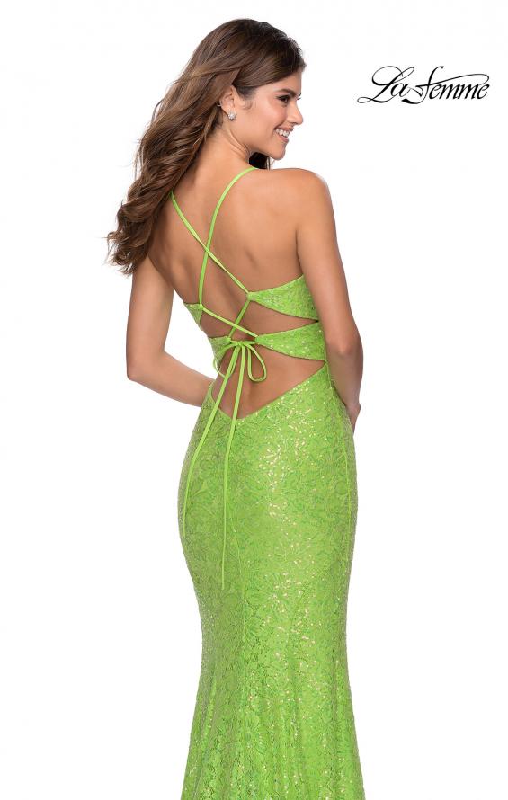 Picture of: Stretch Lace Dress with Lace Up Back and Rhinestones in Neon Green, Style: 28632, Back Picture