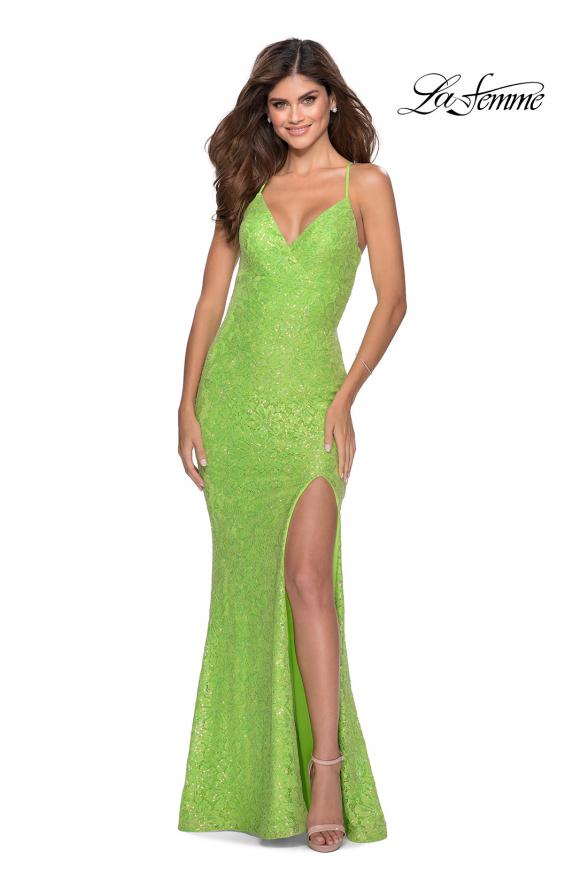 Picture of: Stretch Lace Dress with Lace Up Back and Rhinestones in Neon Green, Style: 28632, Detail Picture 3